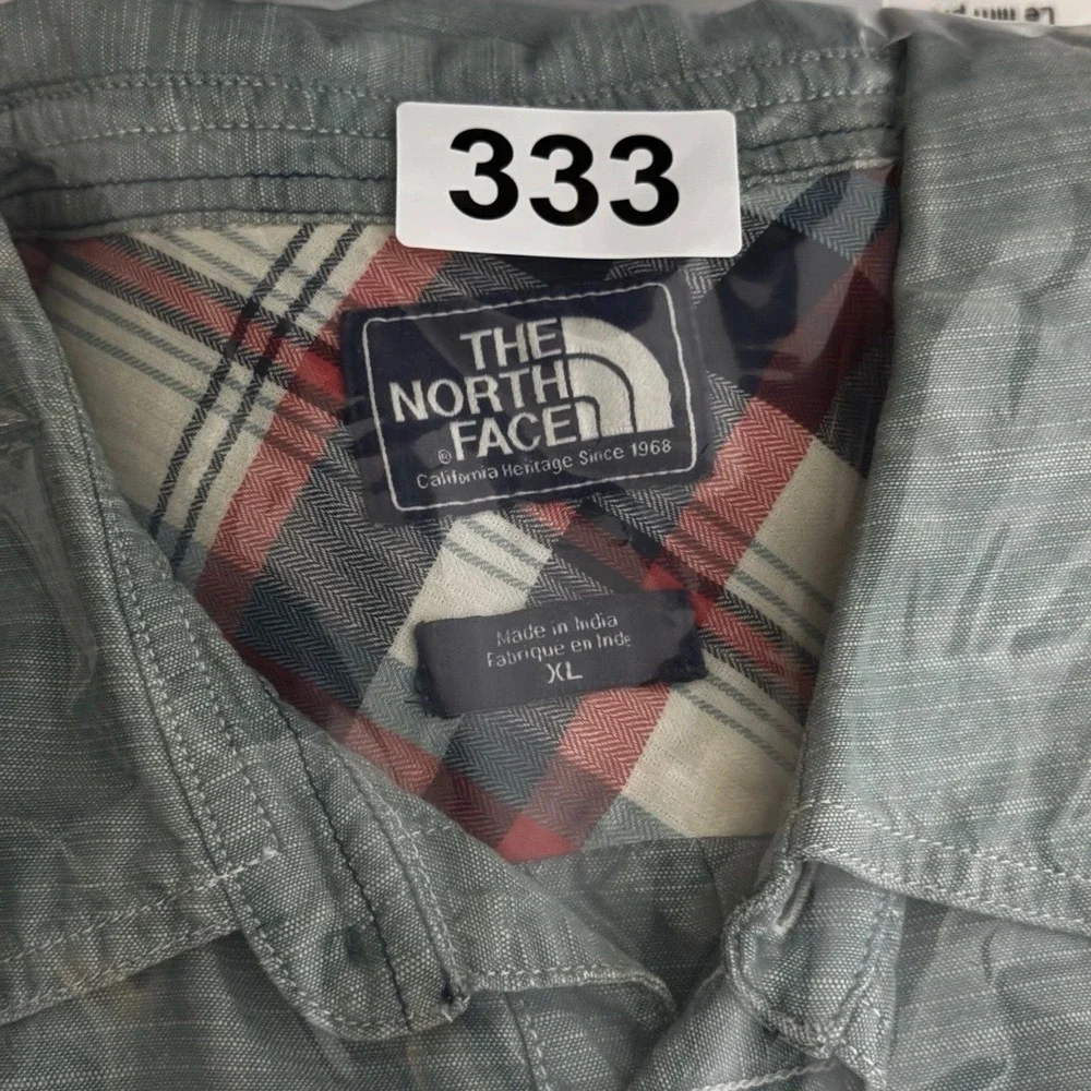 The North Face Button Up Men XL Short Sleeve Cotton Green Slub Texture Shirt